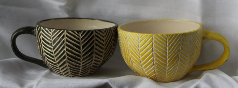 Handmade Pottery Mug With Abstract Carved Palm Leaf Texture