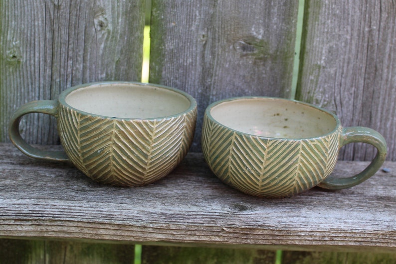 Handmade Pottery Mug With Abstract Carved Palm Leaf Texture