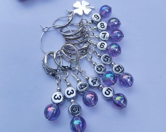 Purple Glass Knitting Crochet Stitch Markers: Hook & Needle Size Reminders