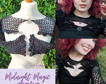 Midnight Magic crochet mesh sleeves, granny sleeves, shrug, bolero, boho, fairycore festival, crochet top US, UK Terms, flos crafty crochet