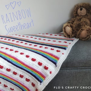 Rainbow Sweetheart crochet baby blanket, Easy Crochet Pattern, hearts, love, first blanket, US, UK Terms, flos crafty crochet