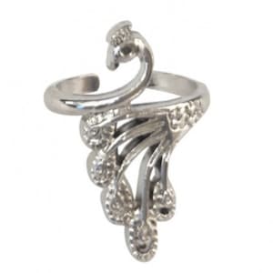 May include: A silver ring with a peacock design. The ring is open and adjustable.