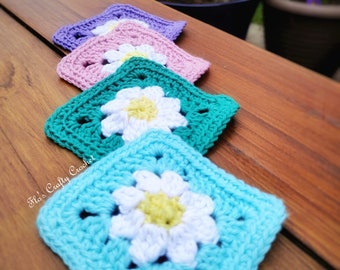 Easy crochet coasters pattern, flos crafty crochet designs, flower, granny square, beginner pattern, pdf, US & UK Terms