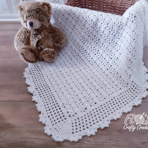 Flo's Little Crown Baby Afghan, Christening Shawl, Easy Crochet Pattern, baby blanket, lace edging, first blanket, heirloom, US & UK Terms