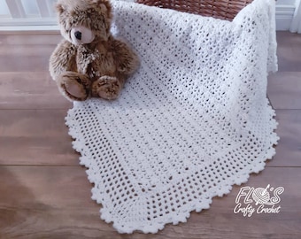 Flo's Little Crown Baby Afghan, Christening Shawl, Easy Crochet Pattern, baby blanket, lace edging, first blanket, heirloom, US & UK Terms