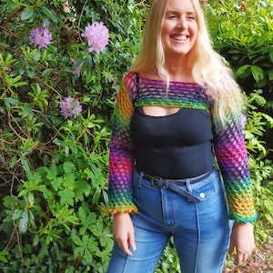 Highlander crochet mesh sleeves, granny sleeves, shrug, bolero, boho, fairycore festival, crochet top US, UK Terms, flos crafty crochet