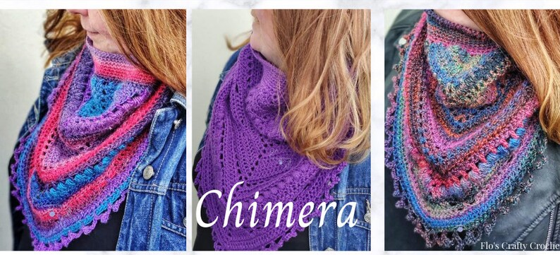 Peut inclure: Trois ch&acirc;les au crochet aux tons de violet, rose, bleu et vert. Les ch&acirc;les sont triangulaires, avec des motifs de dentelle complexes et un bord festonn&eacute;. Le mot "Chimera" est &eacute;crit en blanc sur l'un des ch&acirc;les.