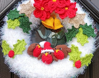 Patrón de crochet para corona navideña de petirrojo: Flor de Pascua y campanas (patrón PDF)