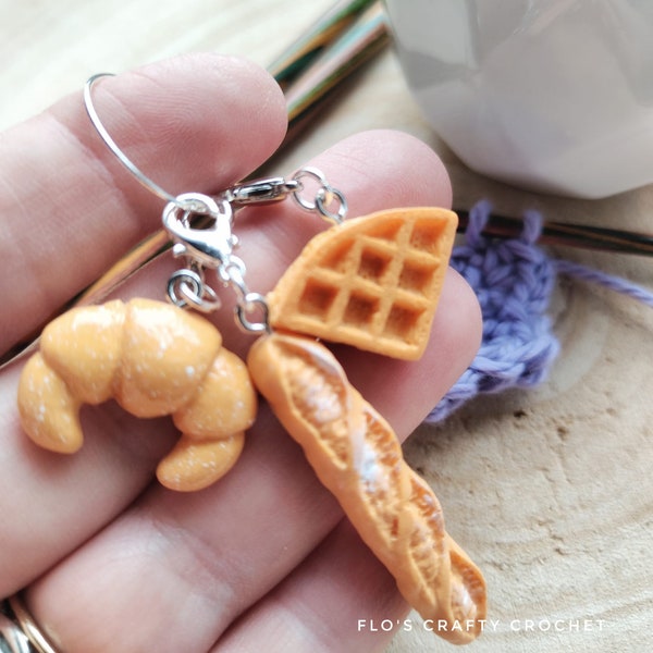 Baguette, waffle, croissant, bread lover, stitch markers, crochet, knitting, notions, flos crafty crochet, stitch holders, valentines