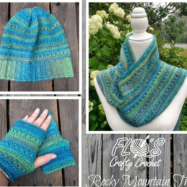 Rocky Mountain Trail women's Set, Hat and Scarf Pattern PDF pattern only UK and US terms, easy hat, easy scarf