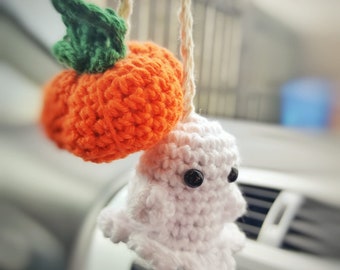 Ghost Pumpkin Rear view mirror hanging Decoration, crochet pattern, PDF, Flos crafty Crochet