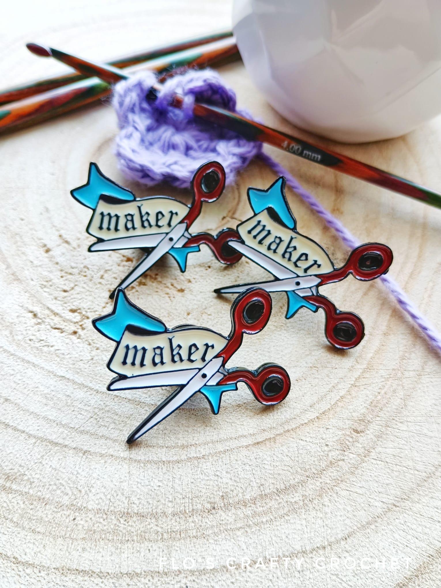 Maker pin badge, knitting, crochet, scissors,  enamel pin badge, metal cute kawaii craft gift, knitting lover, flos crafty crochet, sew