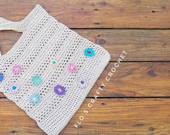 Summertime tote, crochet shopping bag, crochet pattern, easy bag pattern, eco friendly, US, UK Terms, flos crafty crochet
