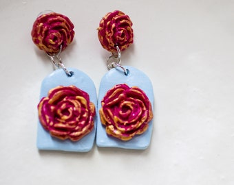 Pendientes de arcilla polimérica hechos a mano, florales, diseño de primavera, colgantes, rosa detallada, rosa y oro, pendientes llamativos, vintage, envío gratis