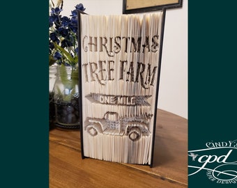 Christmas tree farm truck folded book art pattern home decor holiday decor unique gift book origami