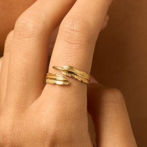 Adjustable Gold Feather Ring | 925 Sterling Silver Open Ring | Comfortable Finger Ring | Angel Ring for Women | Gift for Her