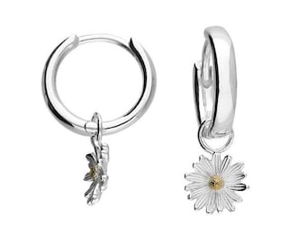 Little Daisy Flower Huggie Hoop Earrings in Sterling Silver | Daisy Charm Pendant Earrings | Cute Daisy Flower Earrings | Gift for Her