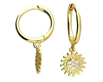 Sun Huggie Hoop Earrings in Silver or Gold | Sterling Silver Sun Charm Earrings | Dainty Minimalist Hoop Earrings | Gift for Her