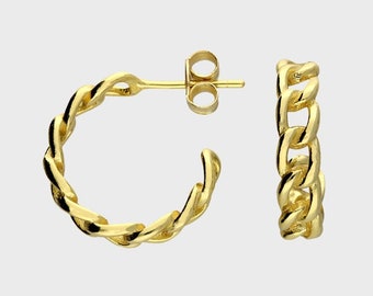 Sterling Silver Chain Huggie Hoop Earrings | Minimalist Hoop Earrings in Gold | 14ct Gold Plated Chain Hoop Earrings | Gift for Her