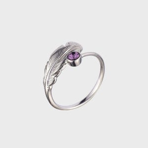 925 Sterling Silver Birthstone Ring | February Birthstone Ring | Adjustable Feather Ring | Birthday Gift | Gift for Her