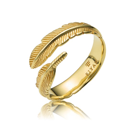 Adjustable Gold Feather Ring 925 Sterling Silver Open Ring
