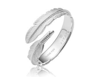 FIYAH Personalised Adjustable Feather Ring | 925 Sterling Silver | Engraved Angel Ring | Memorial Ring | Gift for Her | Personal Gift