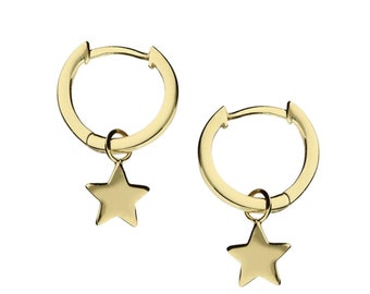 Créoles Huggie étoiles dorées | Boucles d'oreilles à breloque étoile en argent sterling 925 plaqué or 18 carats | Créoles étoiles pendantes | Cadeau pour elle