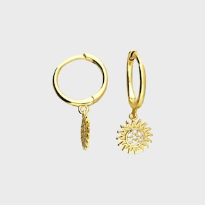 Sun Huggie Hoop Earrings in Silver or Gold | Sterling Silver Sun Charm Earrings | Dainty Minimalist Hoop Earrings | Gift for Her