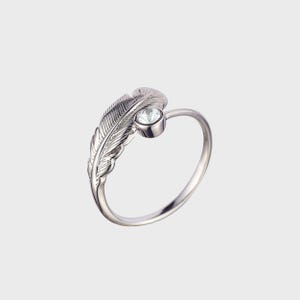 925 Sterling Silver Birthstone Ring | April Birthstone Ring | Adjustable Feather Ring | Birthday Gift | Gift for Her