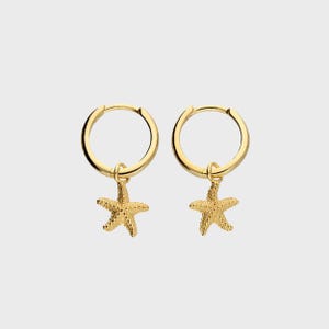 Gold Starfish Huggie Hoop Earrings | Dainty Sea Themed Earrings | Small Starfish Drop Earrings | Gold Plated Silver | Gift for Her