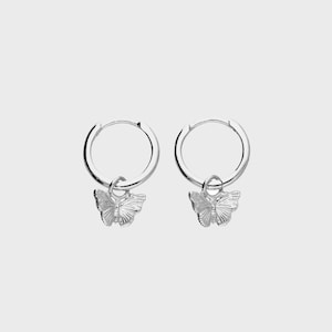 Sterling Silver Butterfly Huggie Hoop Earrings in Silver or Gold | Dainty Minimalist Jewellery | Pendant Hoop Earrings | Gift for Her