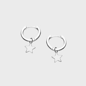 Sterling Silver Star Huggie Hoop Earrings | Star Pendant Charm Earrings in Silver and Gold | Dangle Celestial Earrings | Gift for Her