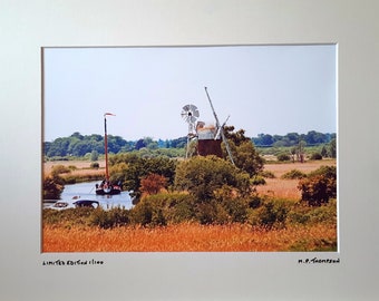 Hathor Wherry, Windmill Print, Norfolk Broads, Nature Photograph, Signed Limited Edition, A4 Landscape Color Photograph, 40 cm x 30 cm Mount