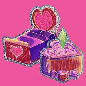 May include: Illustration of a bed and a heart-shaped hot tub with a green diamond above it, all with a glittery border, on a pink background. The bed is red and purple with a heart design. The hot tub is brown and purple.