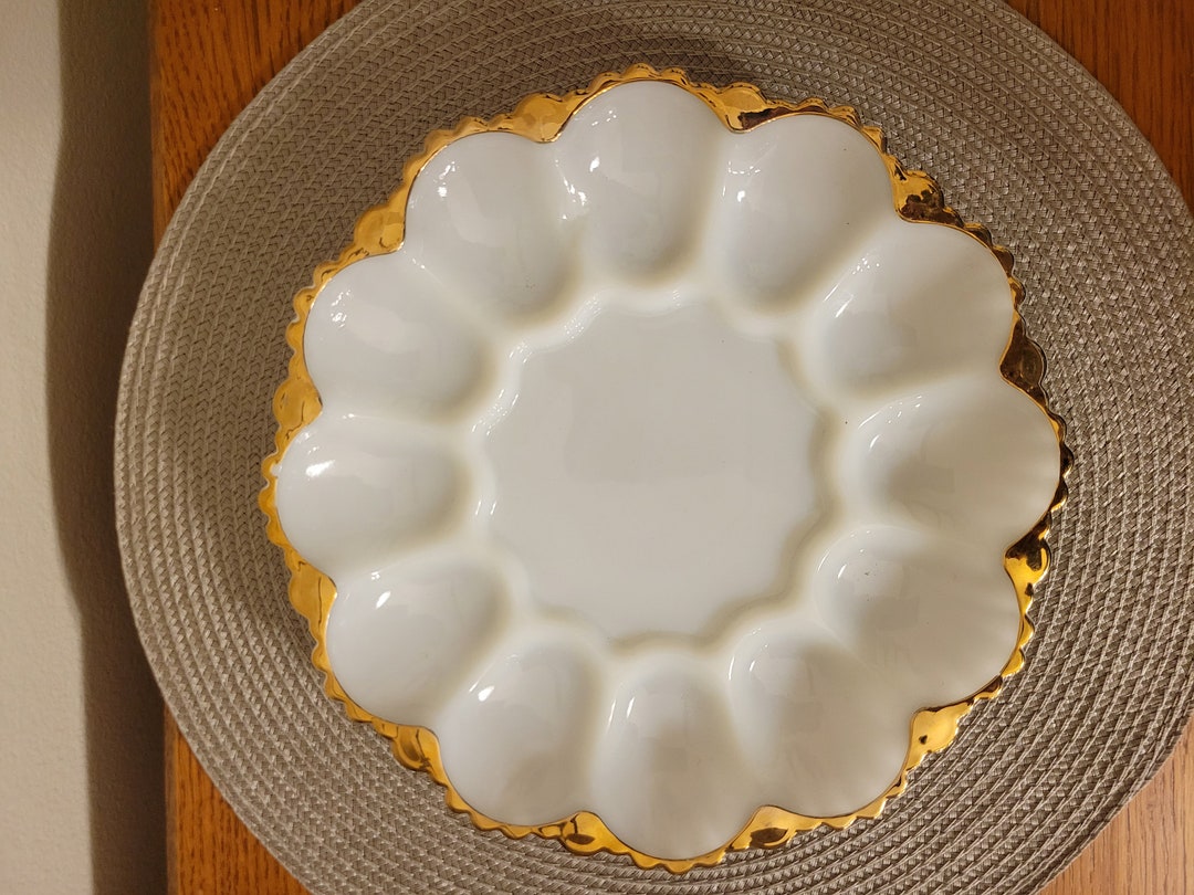 Vintage Deviled Milk Glass Egg Plate Anchor Hocking With Gold Trim Etsy