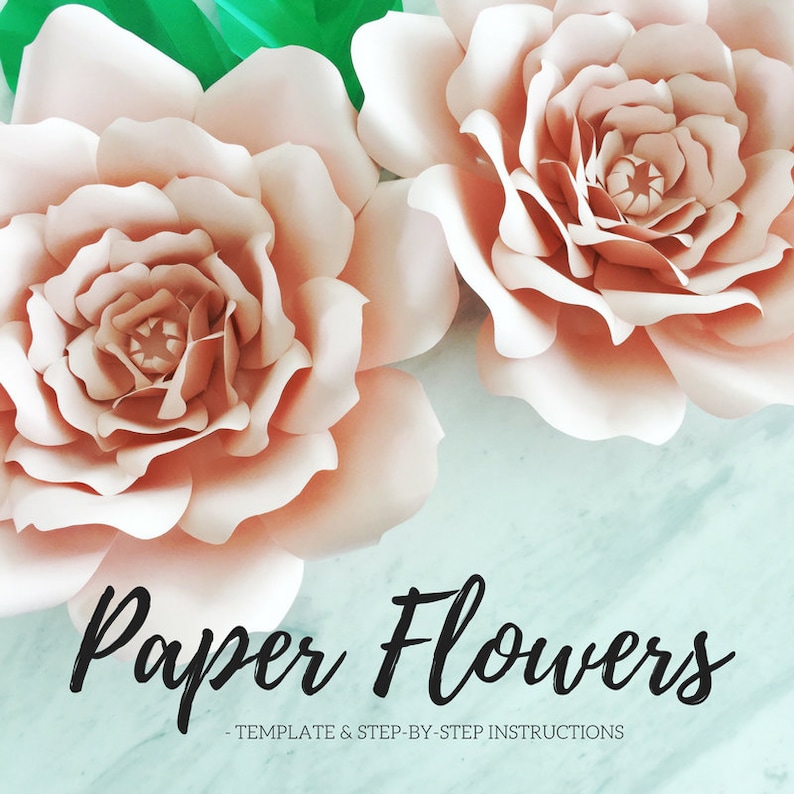 May include: Two large, pale pink paper flowers with a layered, ruffled design. The flowers are on a light blue and white marble background. The text "Paper Flowers - TEMPLATE & STEP-BY-STEP INSTRUCTIONS" is below the flowers.