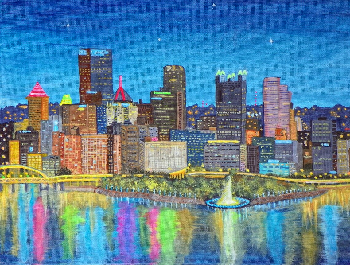 Original 11 X 14 Acrylic Painting Pittsburgh Skyline YINZ PA Etsy