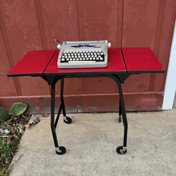 Vintage Metal/Wood Typewriter Table with Leaves Rolling Bar Cart Side or Media Table Industrial Painted