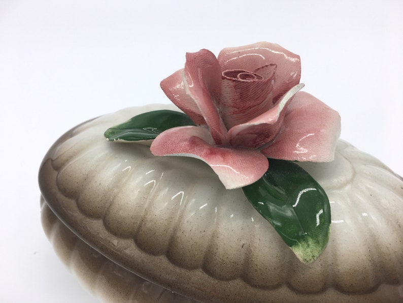Vintage Italian Nuova Capodimente Brown and Pink Rose Trinket Jewelry Oval Shaped Porcelain Box