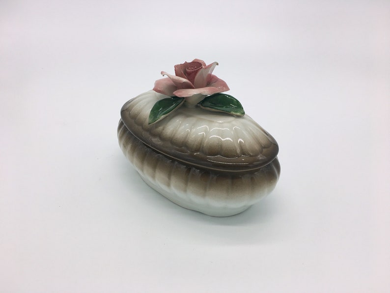 Vintage Italian Nuova Capodimente Brown and Pink Rose Trinket Jewelry Oval Shaped Porcelain Box