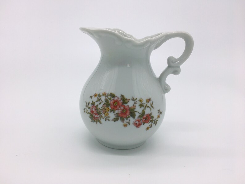 Vintage Small White Pitcher Vase With Red Flowers and Green Etsy