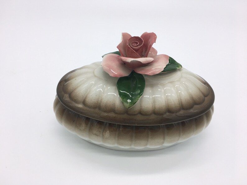 Vintage Italian Nuova Capodimente Brown and Pink Rose Trinket Jewelry Oval Shaped Porcelain Box