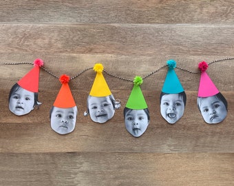 Custom Face Banner, Party Hats with Pom Poms