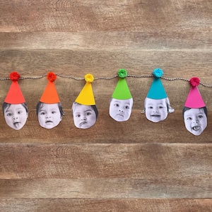 Custom Face Banner, Party Hats with Pom Poms