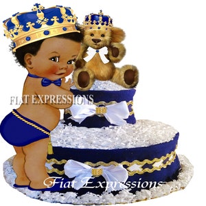 Prince & Teddy Bear Blue Gold 2 Tier Diaper Cake/Prince Baby Shower Centerpiece and Gift