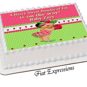 Strawberry Girl Baby Shower Edible Cake Image Digital File, Strawberry Pink & Green Edible Cake Image