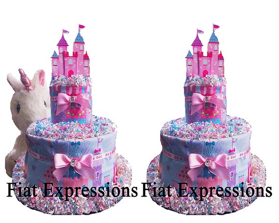 Unicorn Diaper Cake 2 Tier, Pink & Blue Unicorn Baby Shower Diaper Cake, Castle Diaper Cake, Pink and Blue Baby Shower Il_570xn