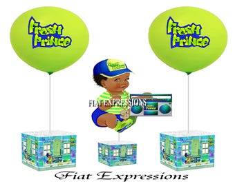 Fresh Prince Sitting Baby Shower Centerpiece and Single Balloon, Blue Green & Taxi