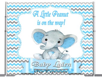 Fondo de baby shower de elefante azul y gris Archivo digital DIGITAL