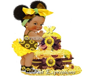 Sunflower Baby Girl 2 Tier Yellow Diaper Cake and Baby Shower Centerpiece & Gift